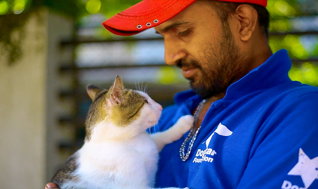 A Dogstar employee holding a cat close to their chest.