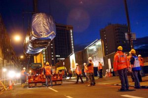 A damaged train carriage being removed with a crane from Edgware Road station after the July 7th 2005 terrorist attack in London.