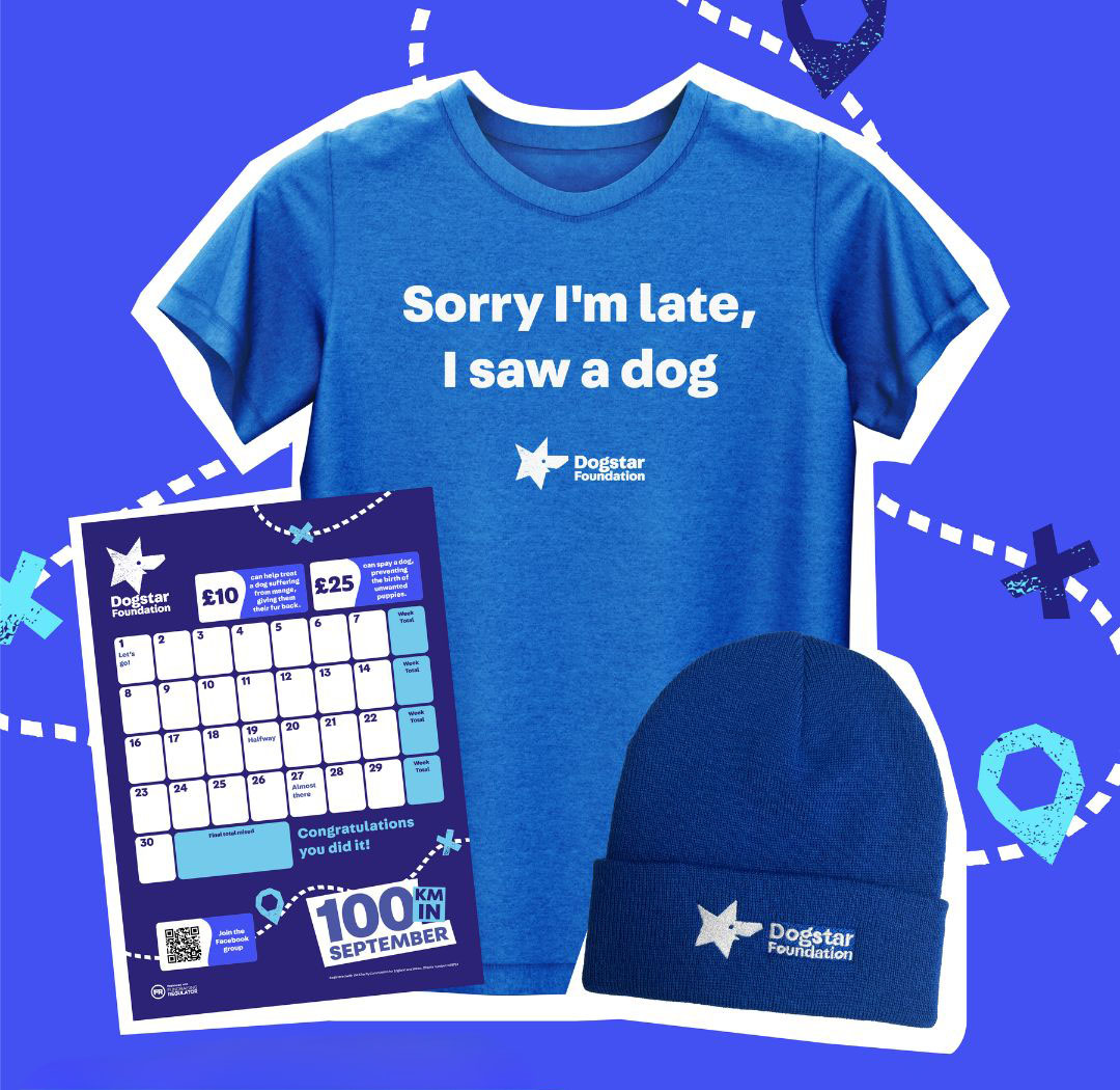 Image showing a t-shirt, beanie and tracker sheet with a white dashed route graphic behind.