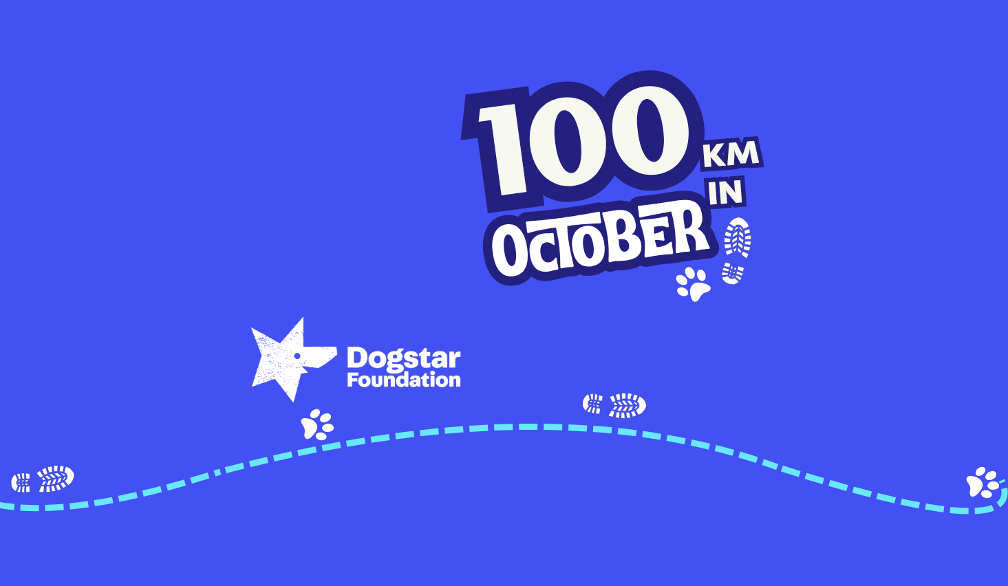 The 100km in October logo and Dogstar Foundation logo overlaying a blue background.